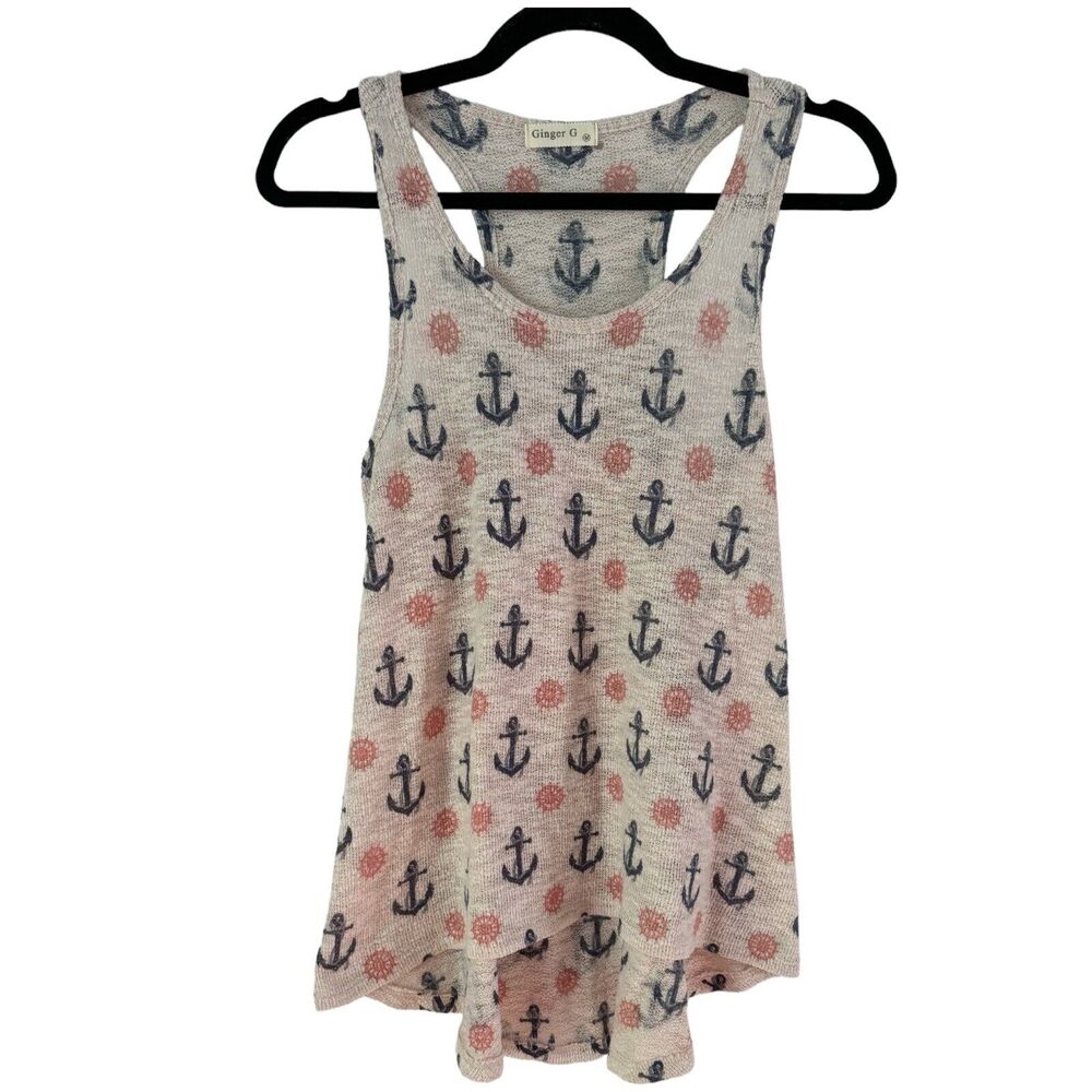 Ginger G Rustic Nautical Anchor Print Knit Racerback Tank Top Size Medium